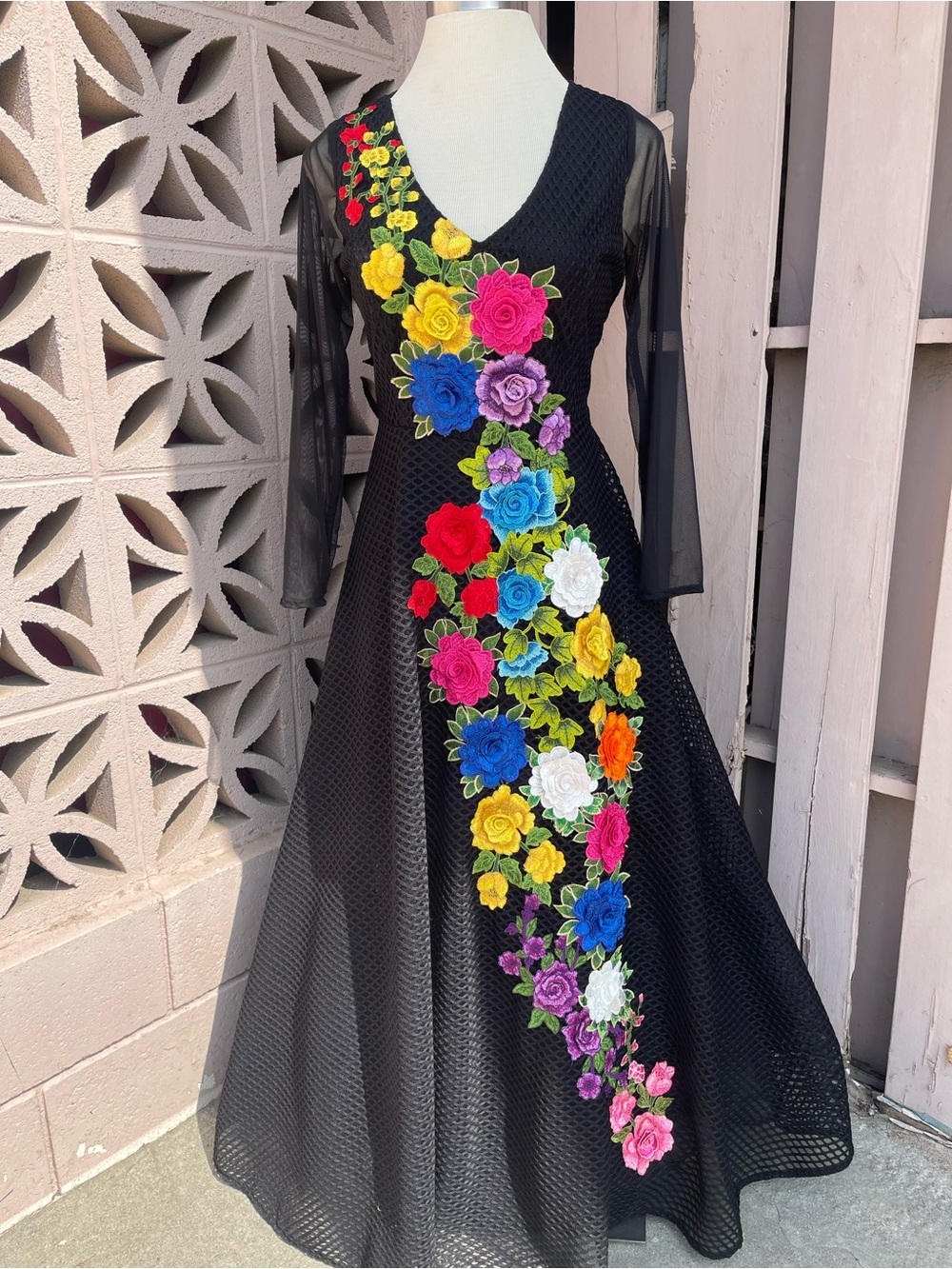 Black V-Neck Mesh Maxi Dress with Multicolor Floral Embroidery